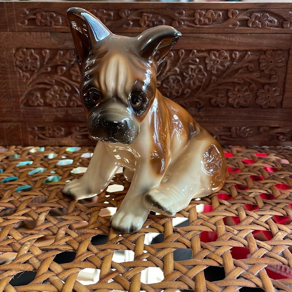 Ceramic Bulldog Figurine VTG Brown Dog Boxer Cute Animal Decor Kitsch Unique